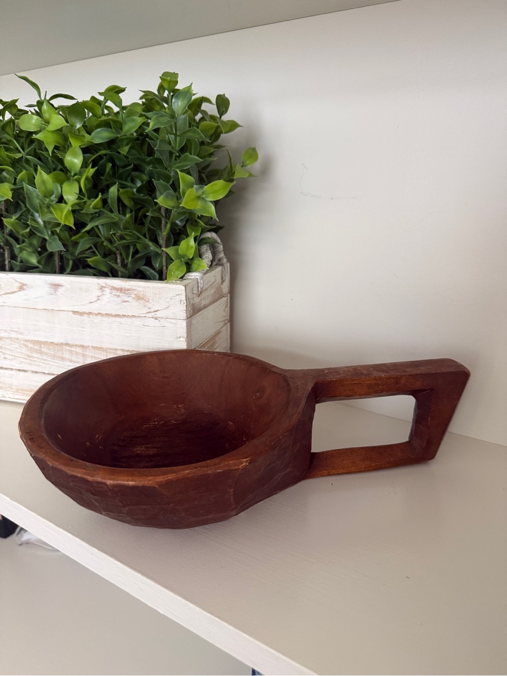 Primitive Wooden Dough Bowl With Handle Hand Carved Farmhouse Decor Vintage